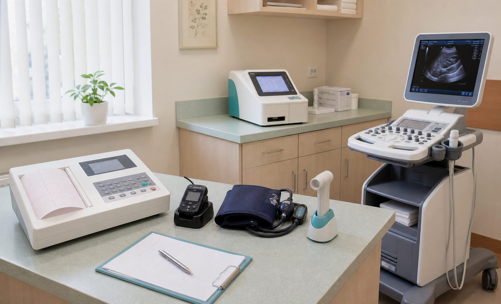 Fotografia sprzętu diagnostycznego dostępnego w praktyce: EKG, USG, spirometr, holter EKG, holter ciśnieniowy i aparat do szybkich testów laboratoryjnych